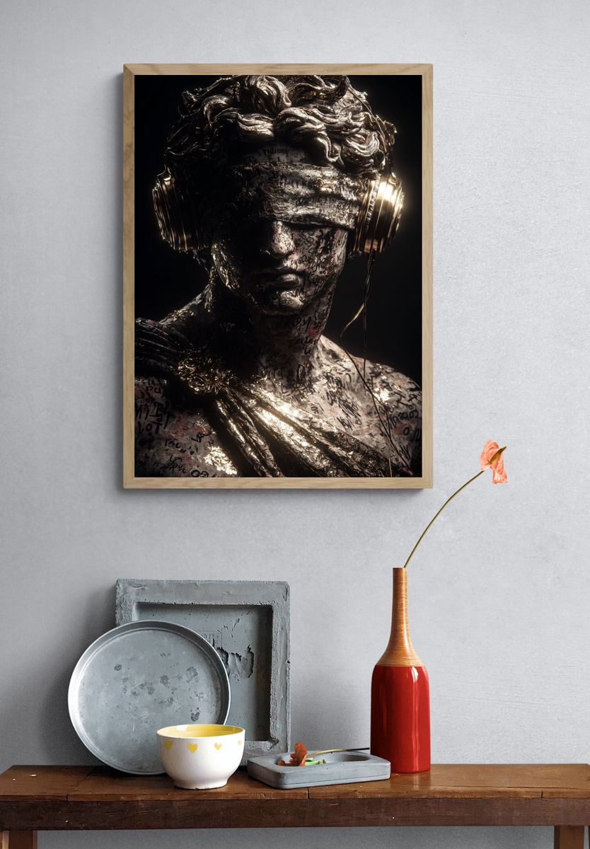 Modern Sculpture with Headphones — Fine Art Print. — room view 3