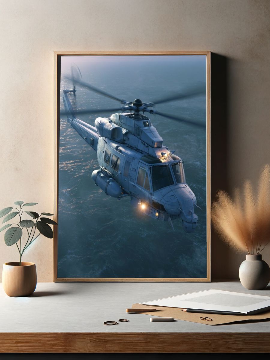 Military Helicopter Over Sea Print. — room view 2