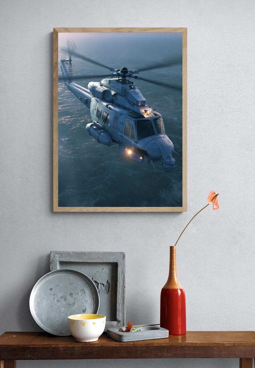 Military Helicopter Over Sea Print. — room view 3