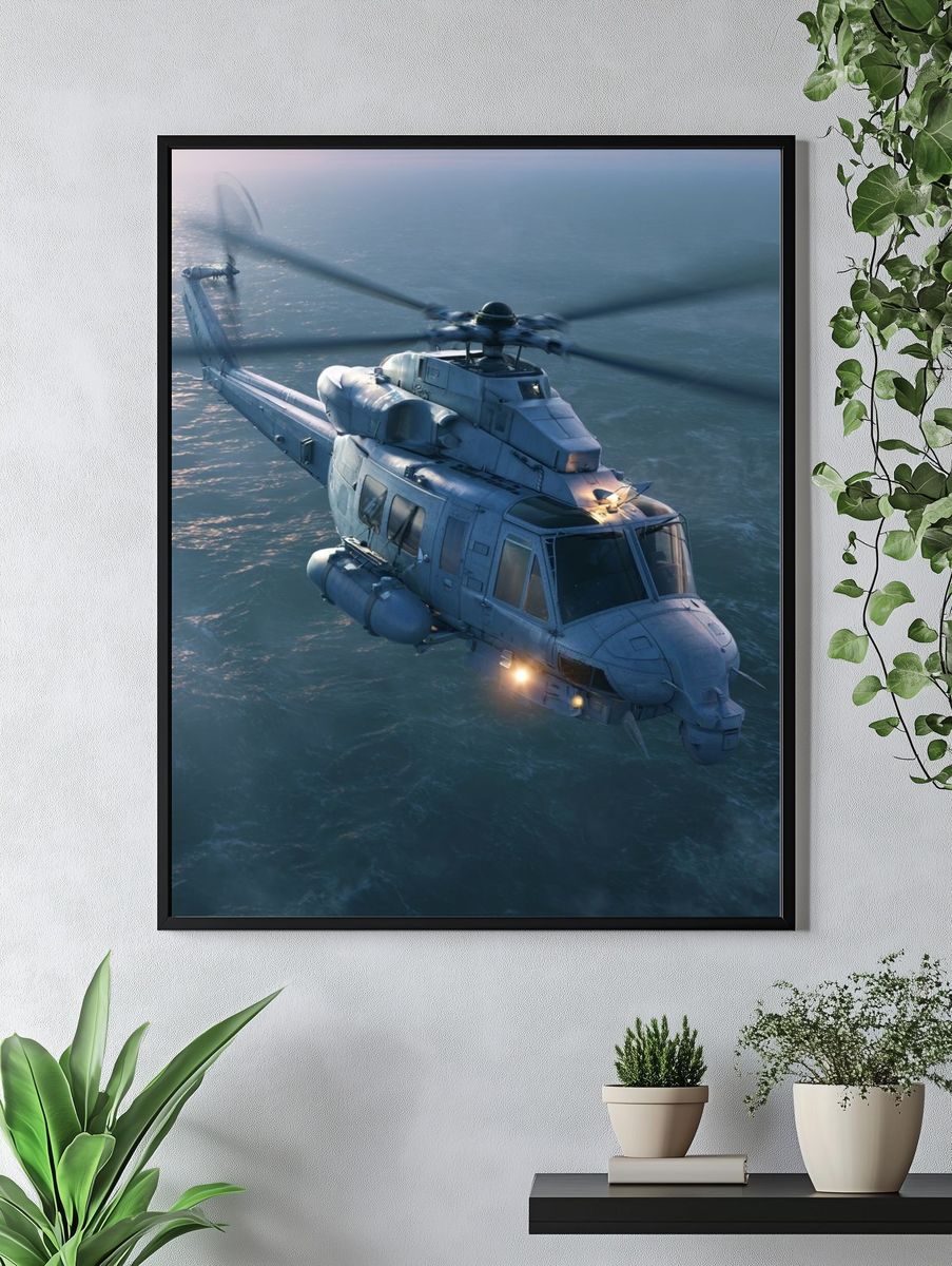 Military Helicopter Over Sea Print. — room view 4