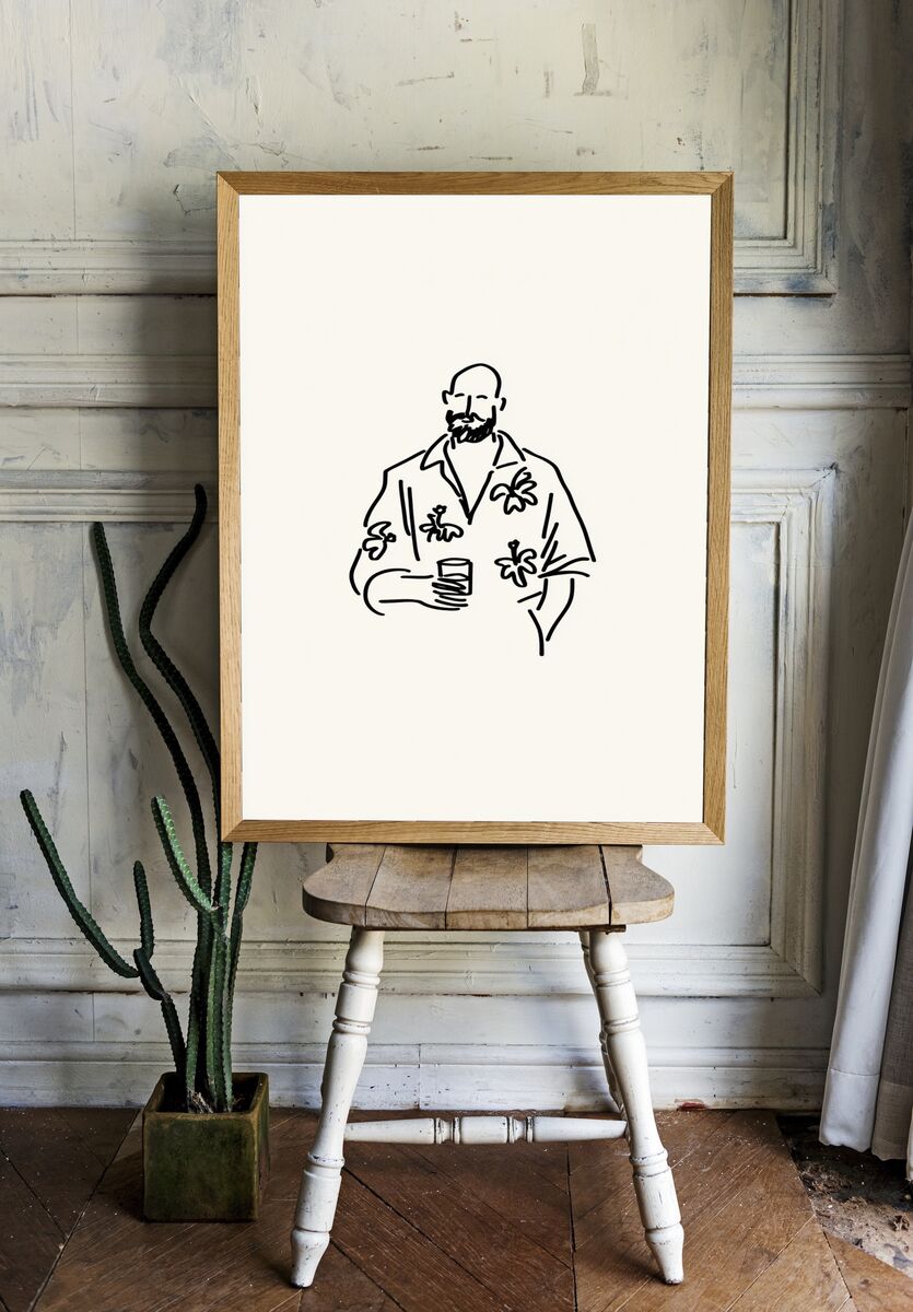 Stylish Man with Drink — Minimalist Print. — room view 1