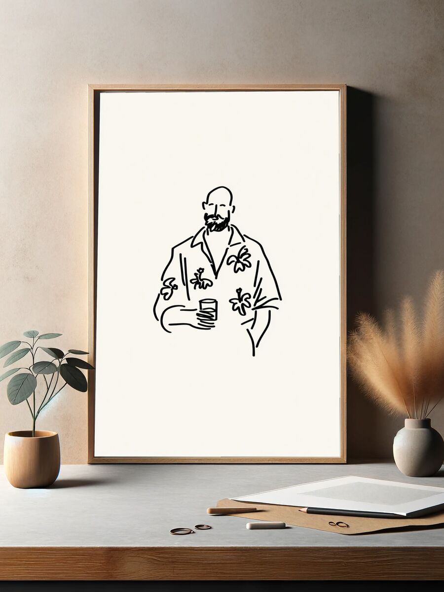 Stylish Man with Drink — Minimalist Print. — room view 2