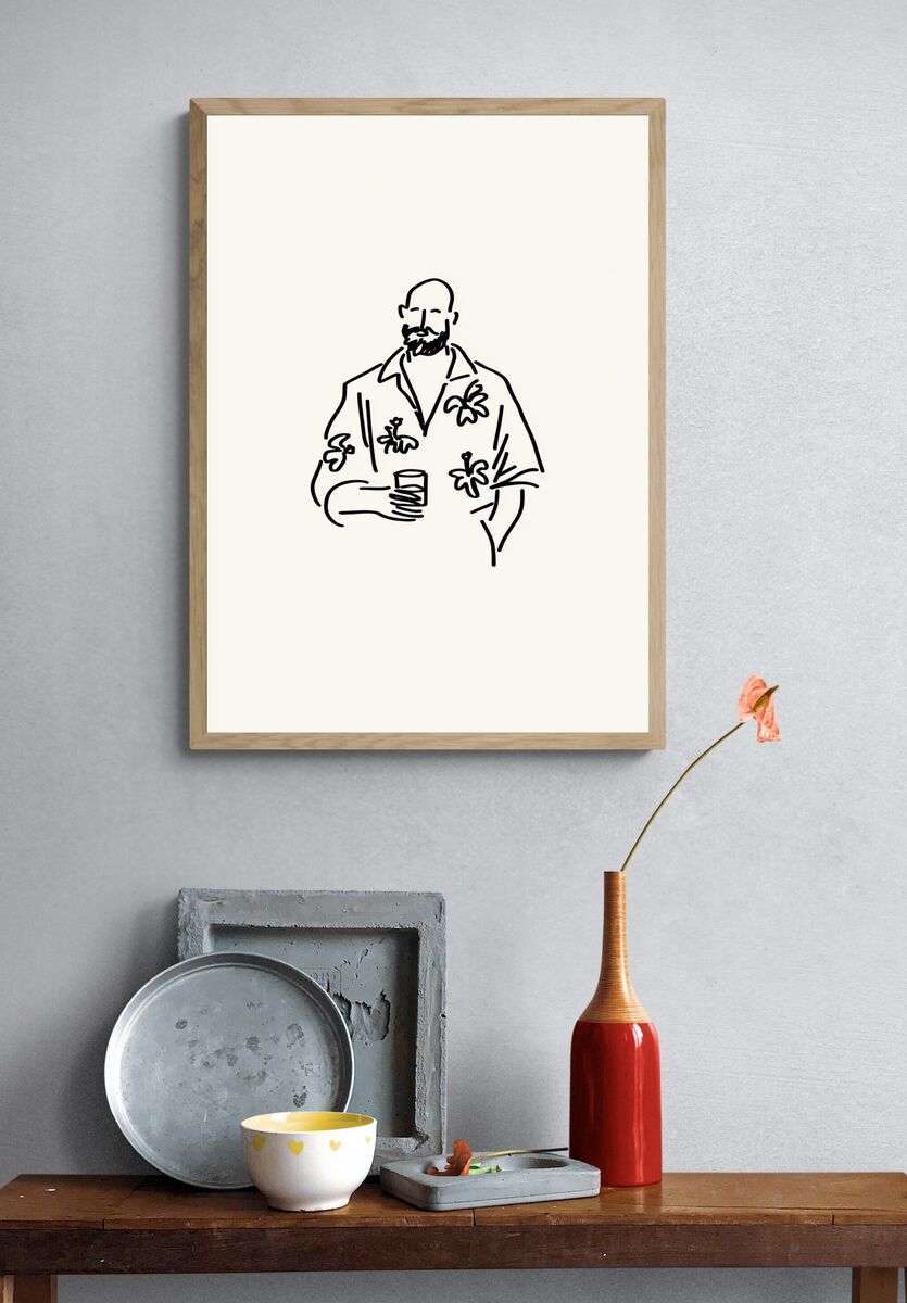 Stylish Man with Drink — Minimalist Print. — room view 3