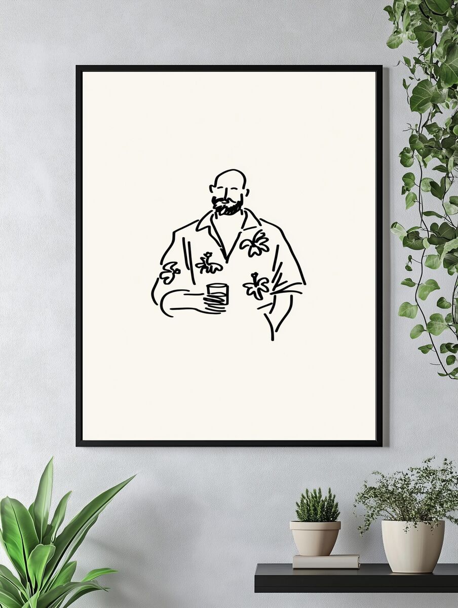 Stylish Man with Drink — Minimalist Print. — room view 4