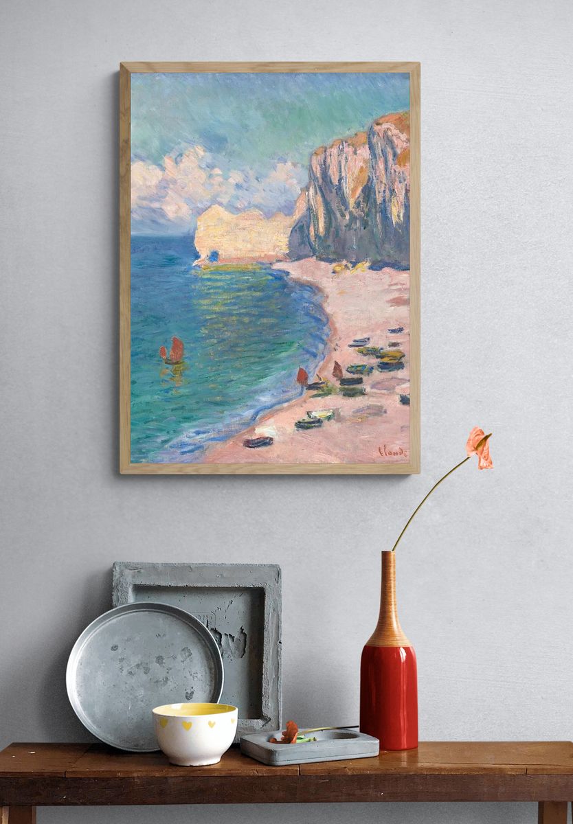 Etretat: Beach and Falaise d'Amont by Claude Monet — Art Print. — room view 3