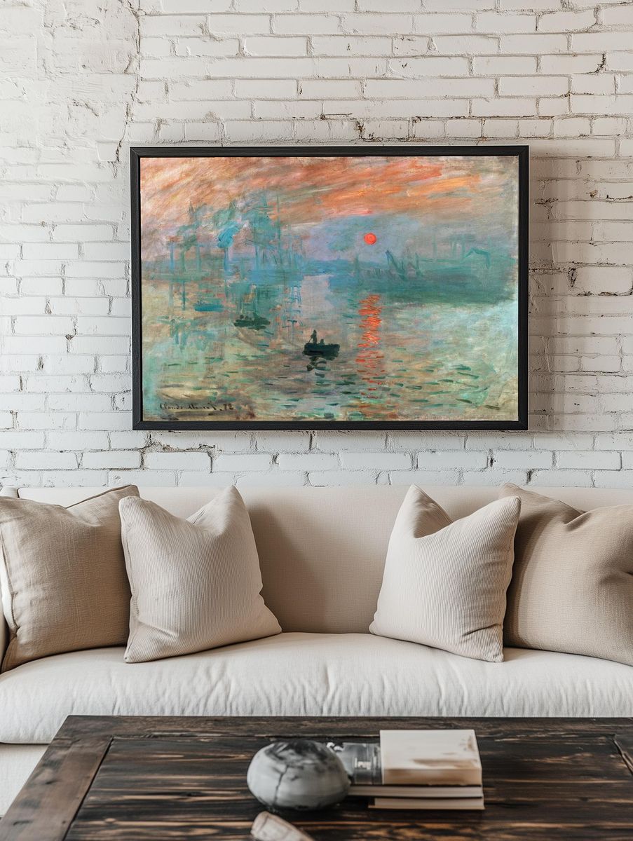 Claude Monet's Impression, Sunrise (1872) famous painting — Art Print. — room view 1