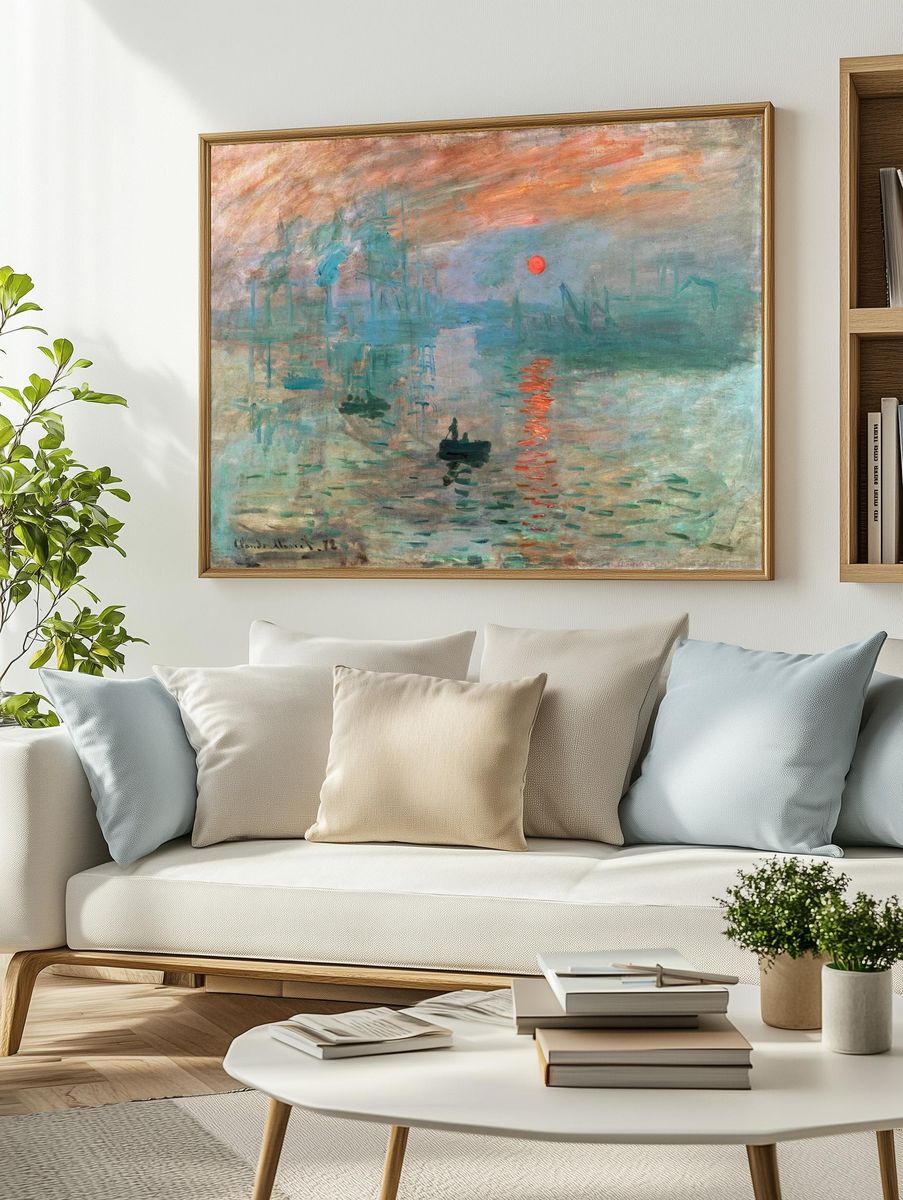 Claude Monet's Impression, Sunrise (1872) famous painting — Art Print. — room view 2