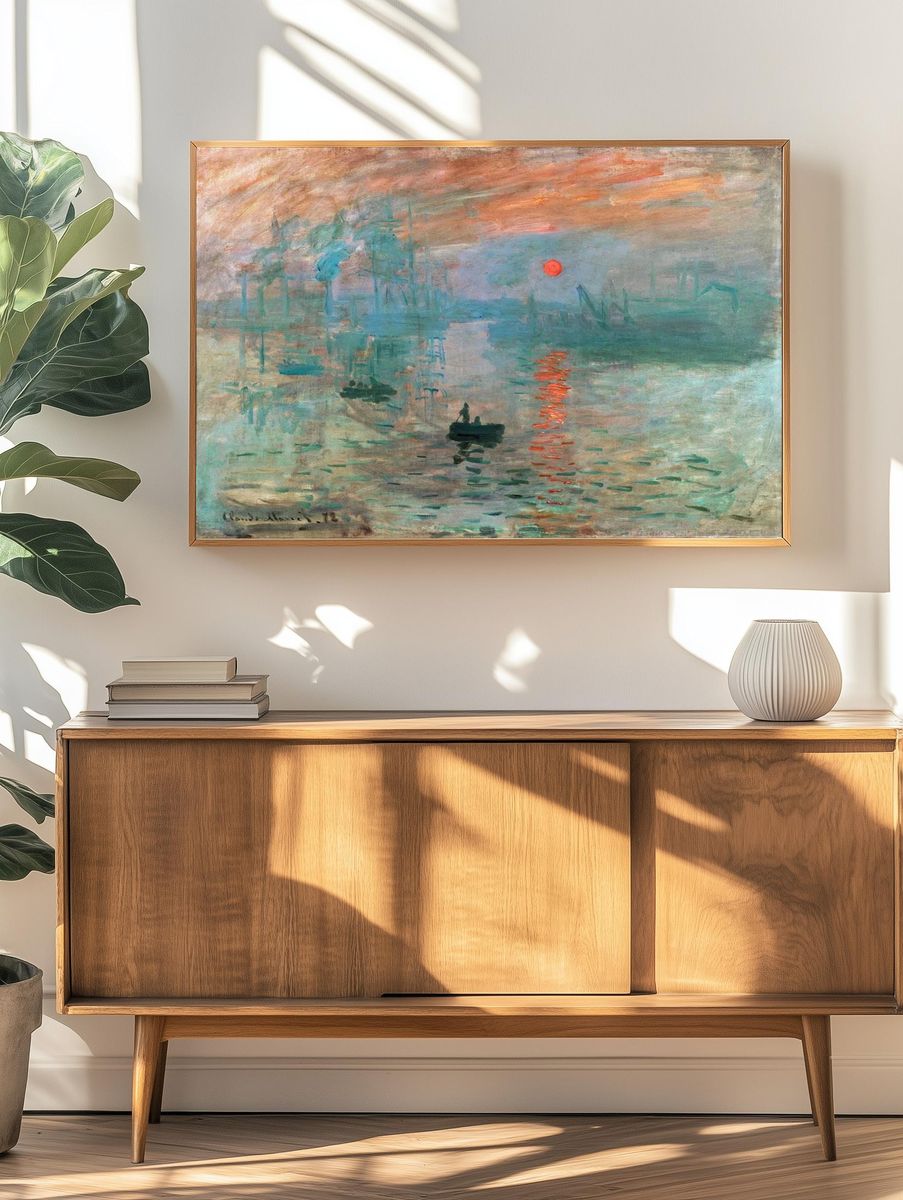 Claude Monet's Impression, Sunrise (1872) famous painting — Art Print. — room view 3