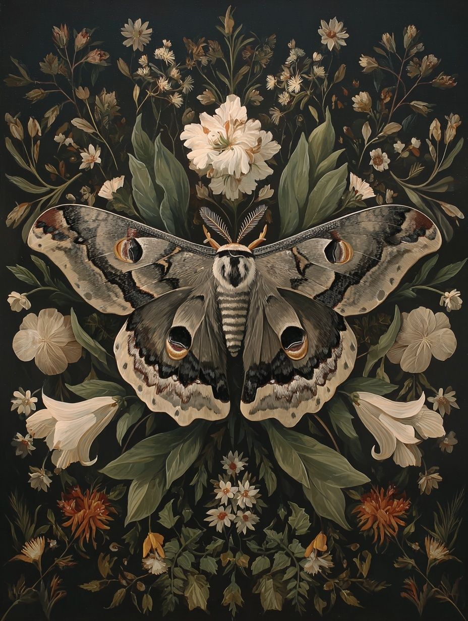 Moth and Floral Botanical Print. poster — animals art