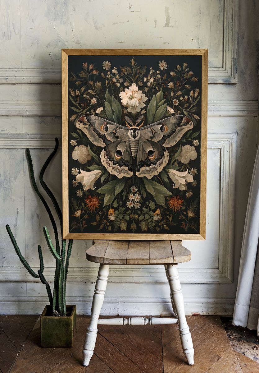 Moth and Floral Botanical Print. — room view 1