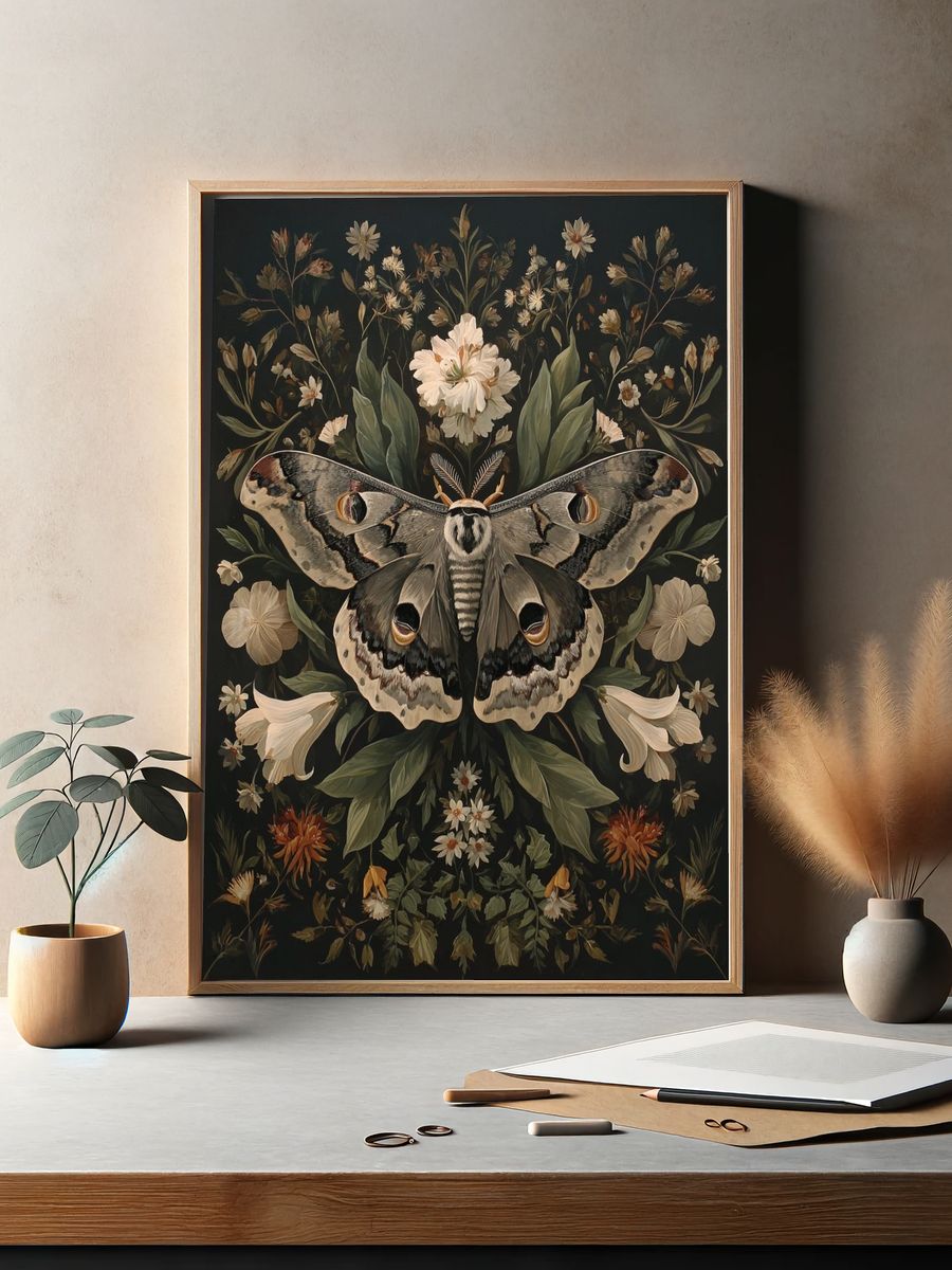 Moth and Floral Botanical Print. — room view 2