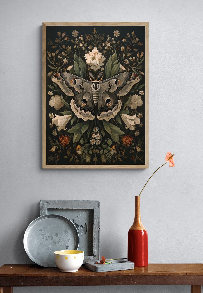 Moth and Floral Botanical Print. — room view 3