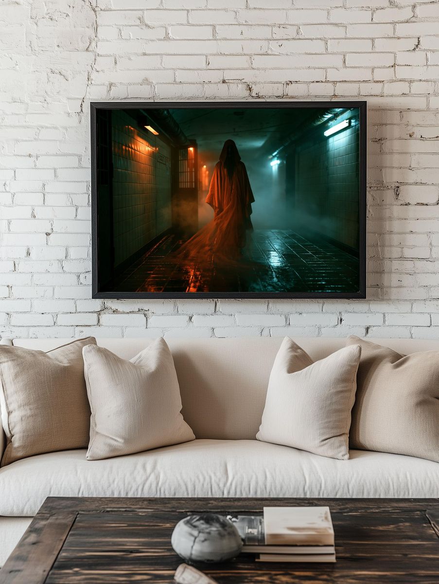 Hooded Figure in Neon Corridor Poster. — room view 1