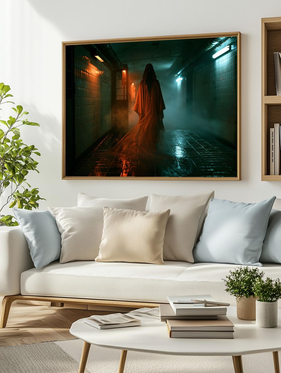 Hooded Figure in Neon Corridor Poster. — room view 2