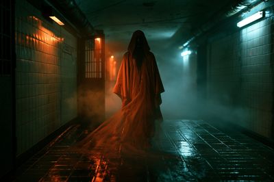 Hooded Figure in Neon Corridor Poster.