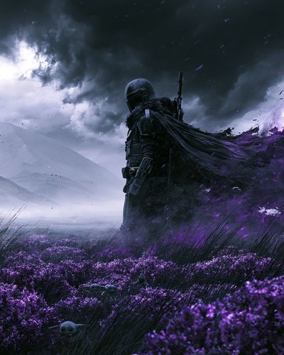 Mandalorian in Purple Fields Poster. poster