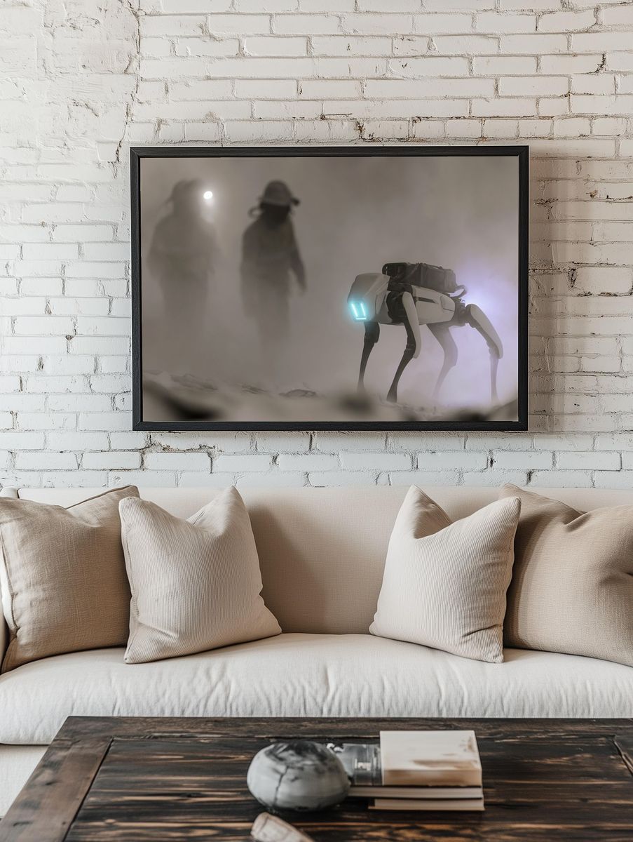 Foggy Sci-Fi Robot Patrol Poster. room preview