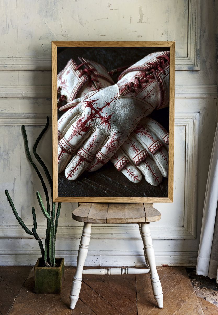 Bloody Gloves Horror Print. room preview