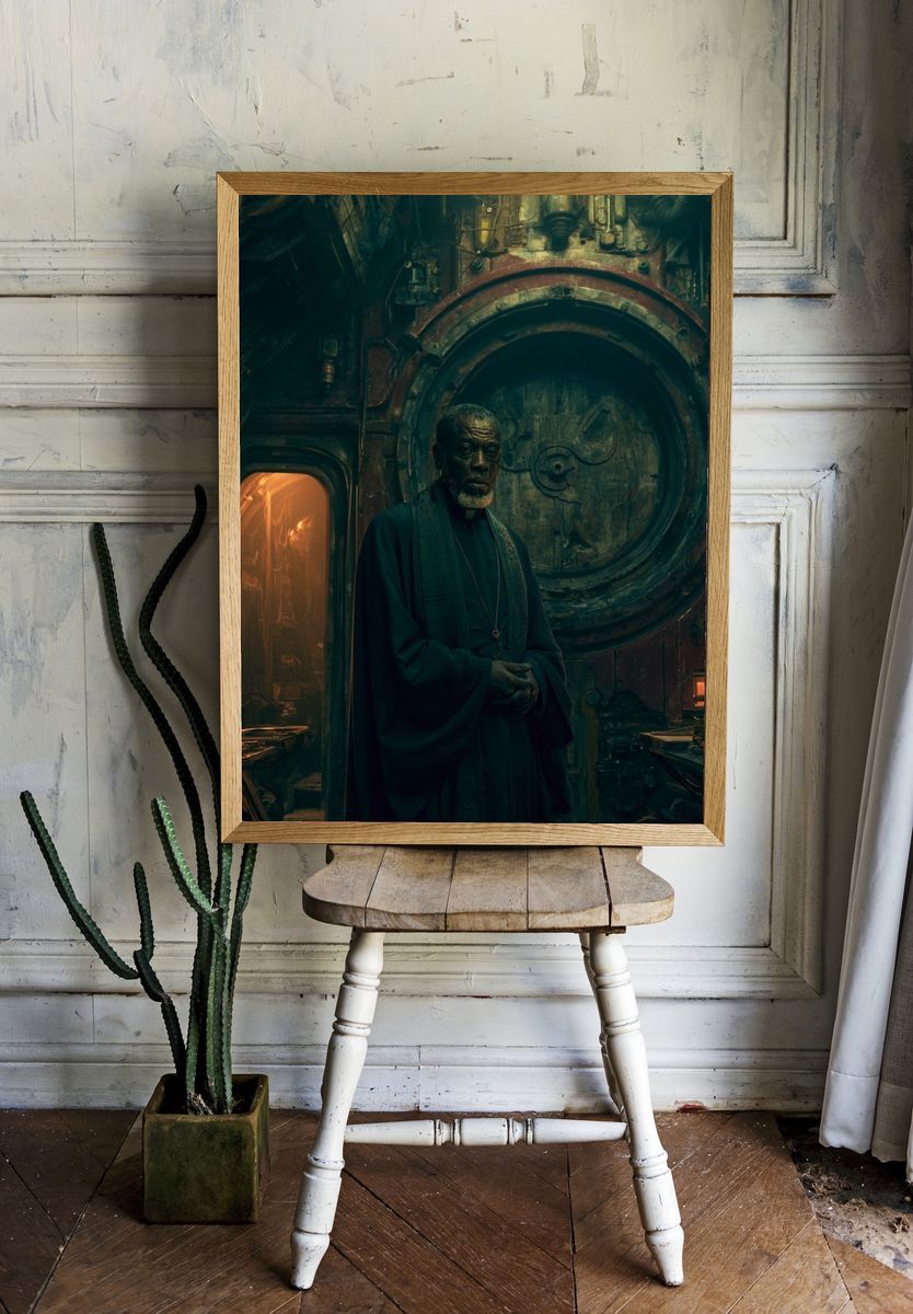 Cinematic Priest in Industrial Chamber Poster. room preview