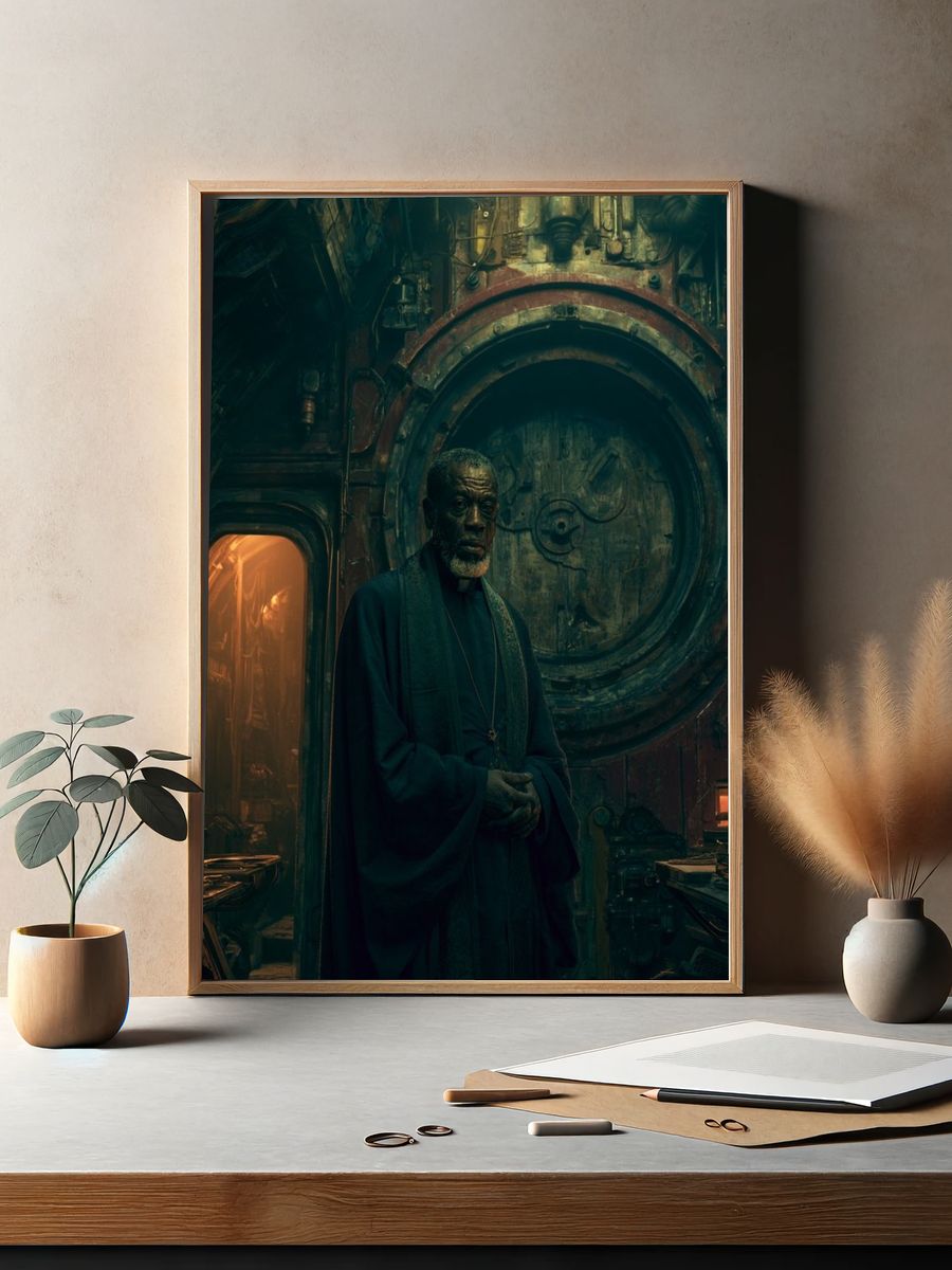 Cinematic Priest in Industrial Chamber Poster. — room view 2