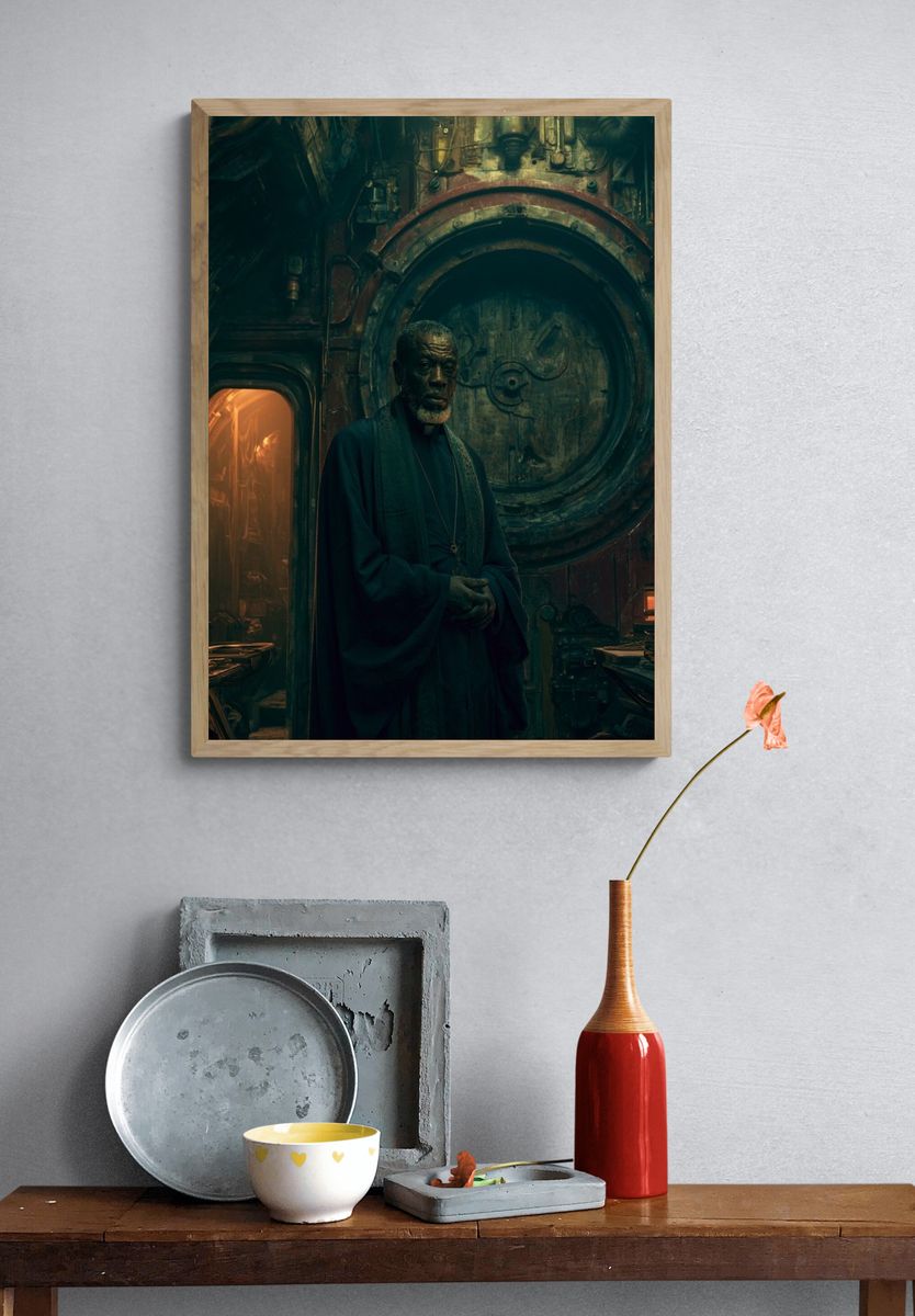 Cinematic Priest in Industrial Chamber Poster. — room view 3