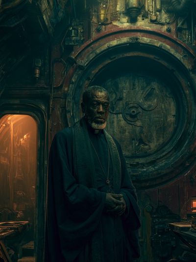 Cinematic Priest in Industrial Chamber Poster.