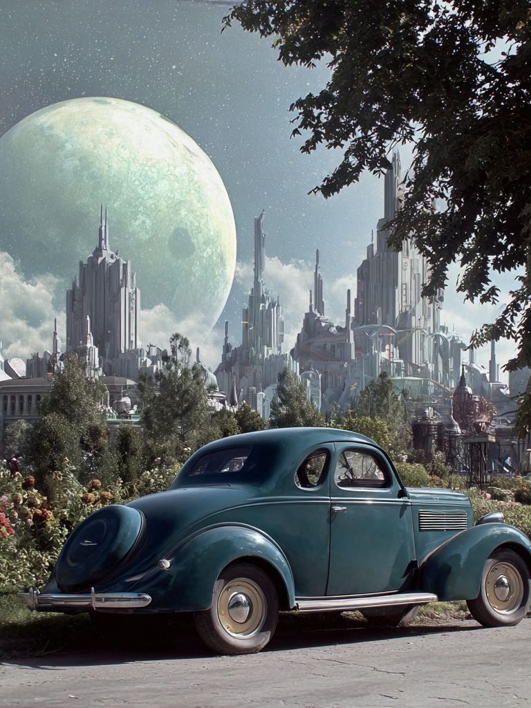 Retro Car in Futuristic City Poster. poster detail