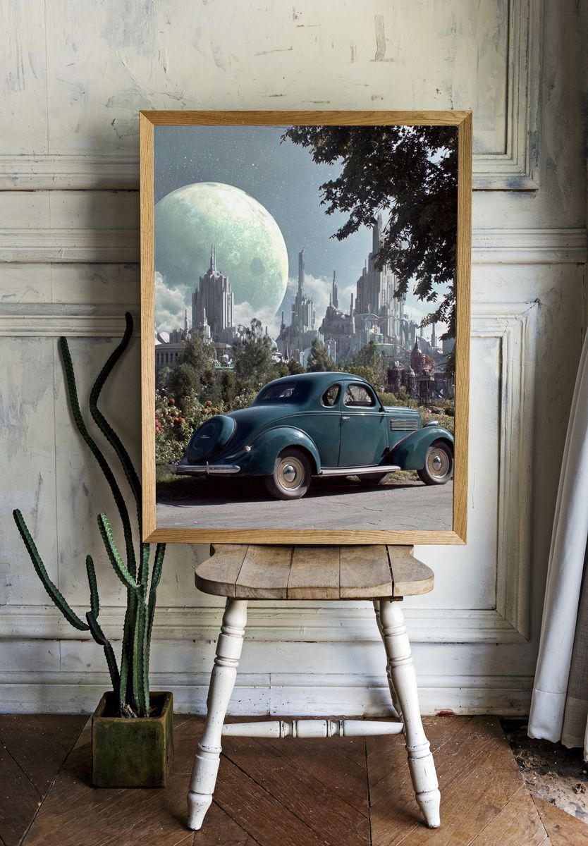 Retro Car in Futuristic City Poster. — room view 1