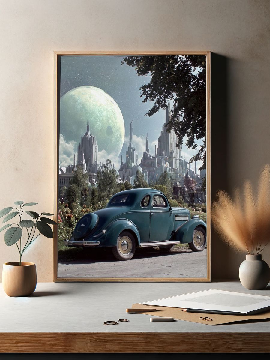 Retro Car in Futuristic City Poster. — room view 2