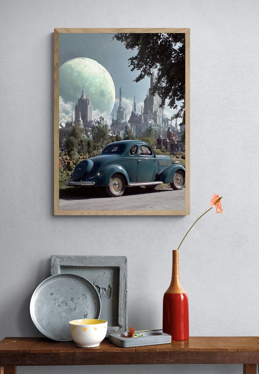 Retro Car in Futuristic City Poster. — room view 3
