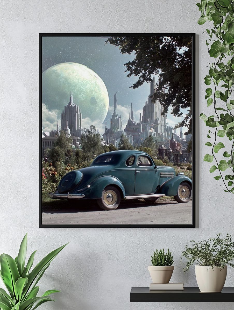 Retro Car in Futuristic City Poster. — room view 4