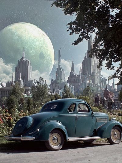 Retro Car in Futuristic City Poster