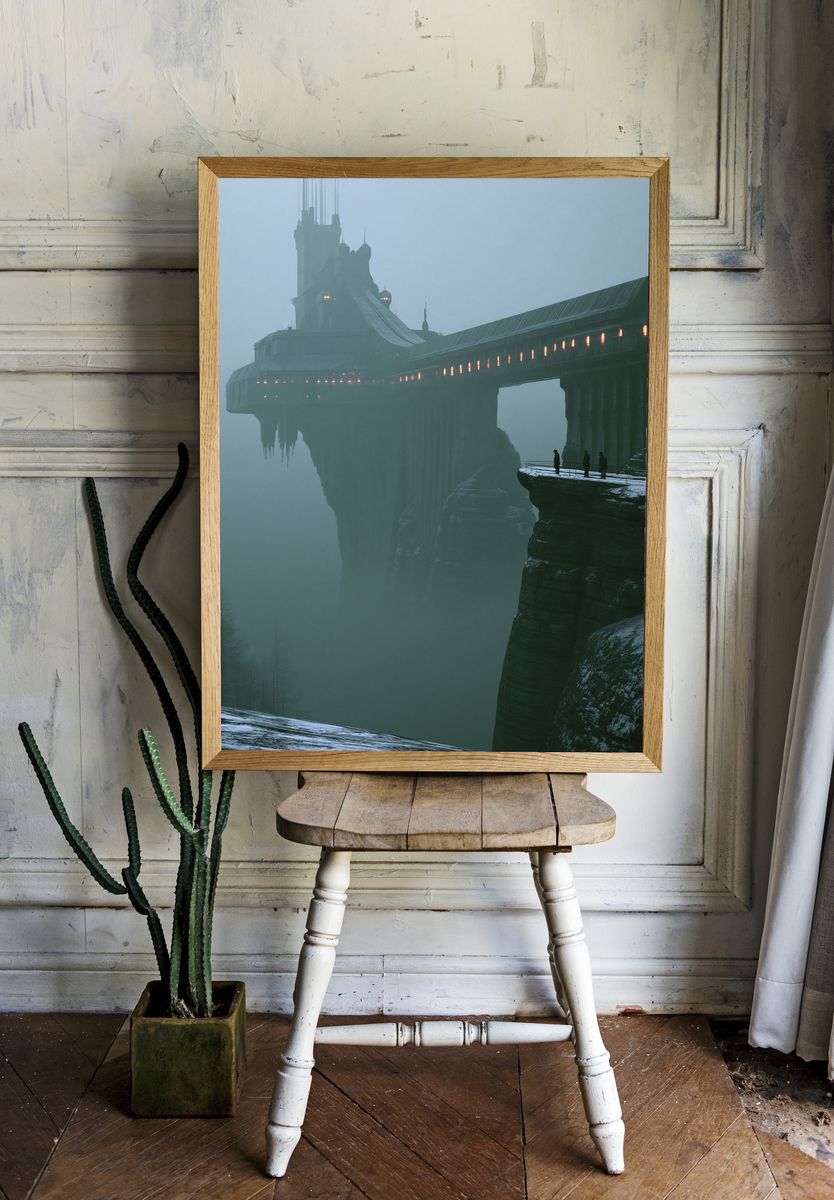 Foggy Cliff Fortress — Sci-Fi Print. room preview