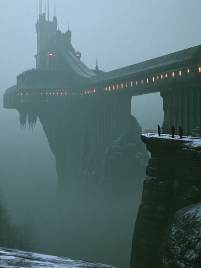 Foggy Cliff Fortress — Sci-Fi Print.