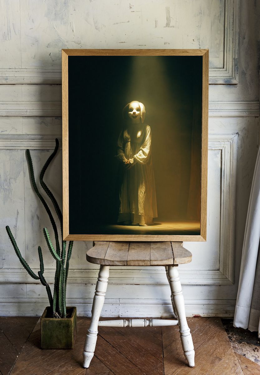 Creepy Rabbit Mask Portrait Print. — room view 1