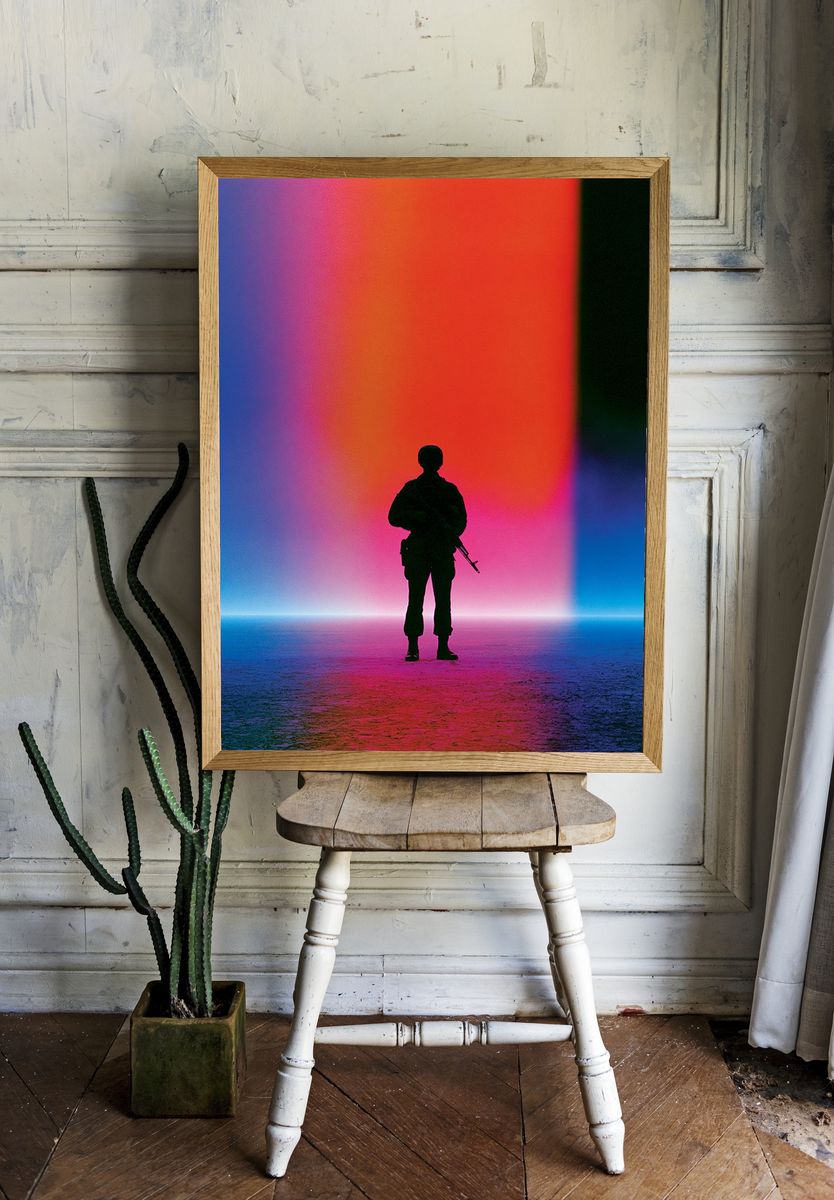 Soldier Silhouette Neon Horizon Print. room preview