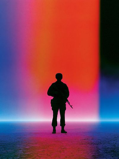 Soldier Silhouette Neon Horizon Print. poster