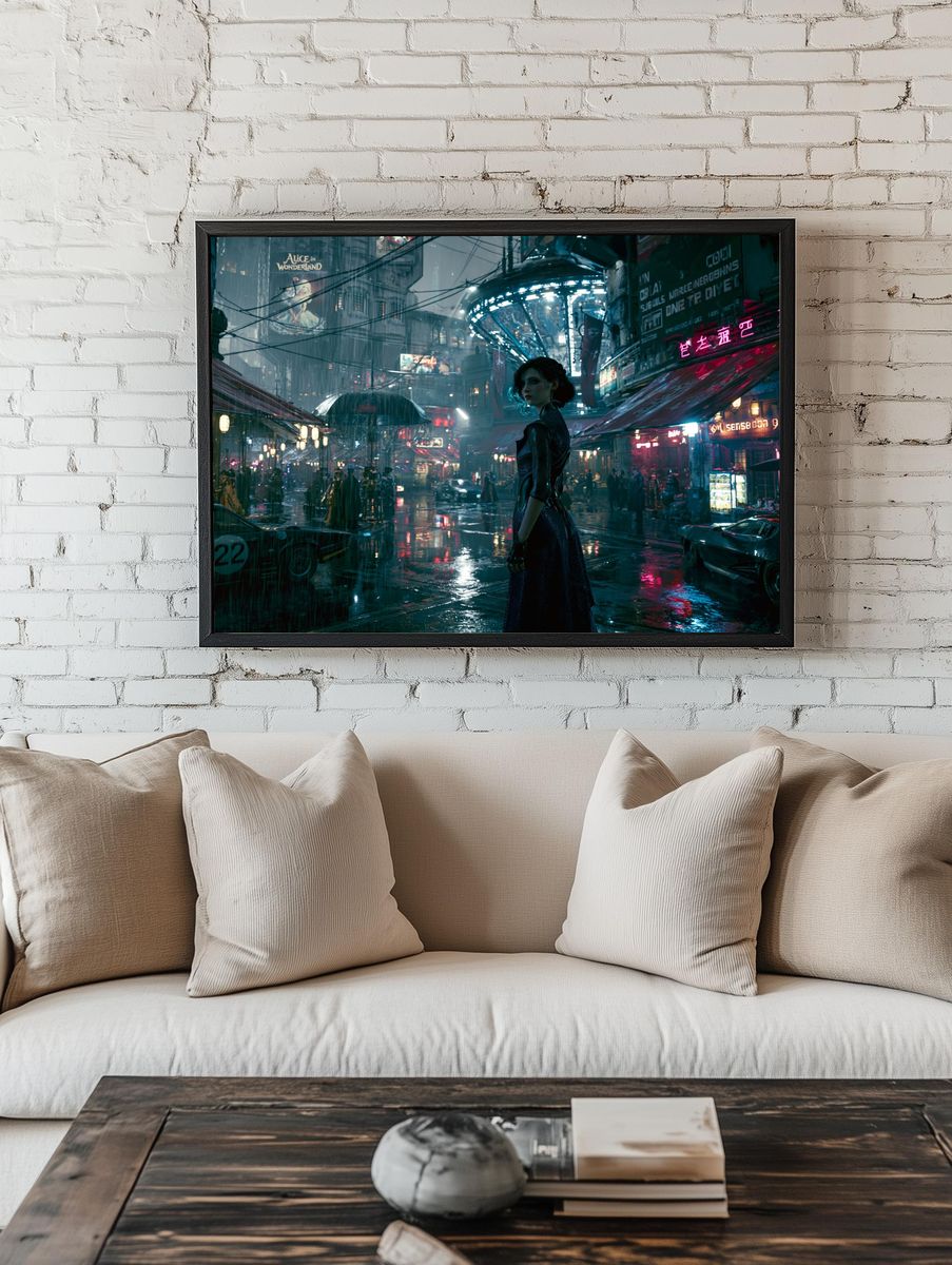 Cyberpunk Rainy Street Poster. room preview