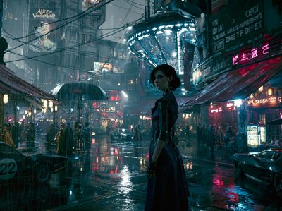 Cyberpunk Rainy Street Poster.