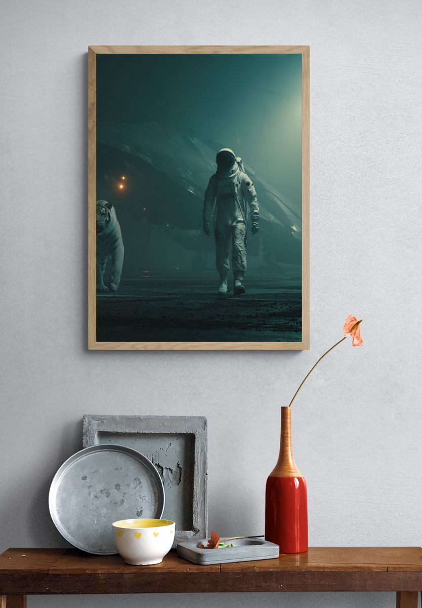 Astronaut and White Tiger Sci-Fi Poster. — room view 3