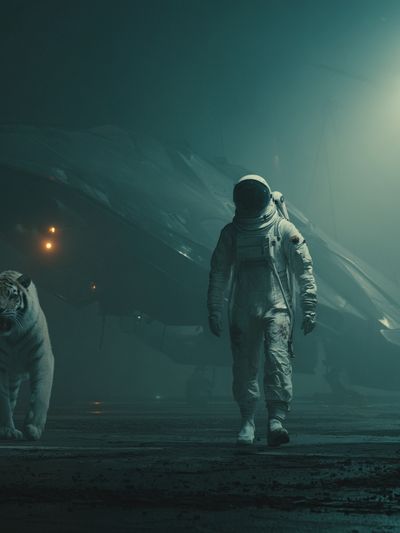 Astronaut and White Tiger Sci-Fi Poster. poster