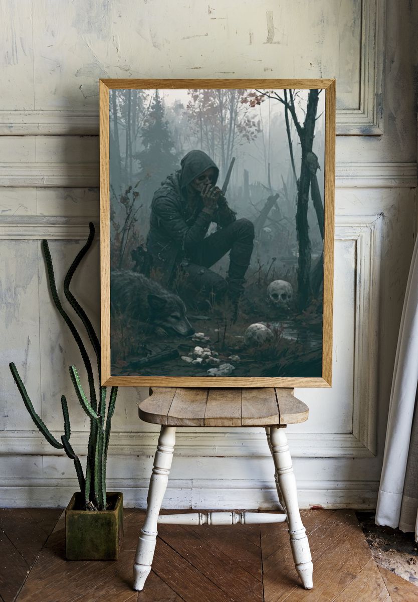 Hooded Figure in Foggy Forest Poster. room preview