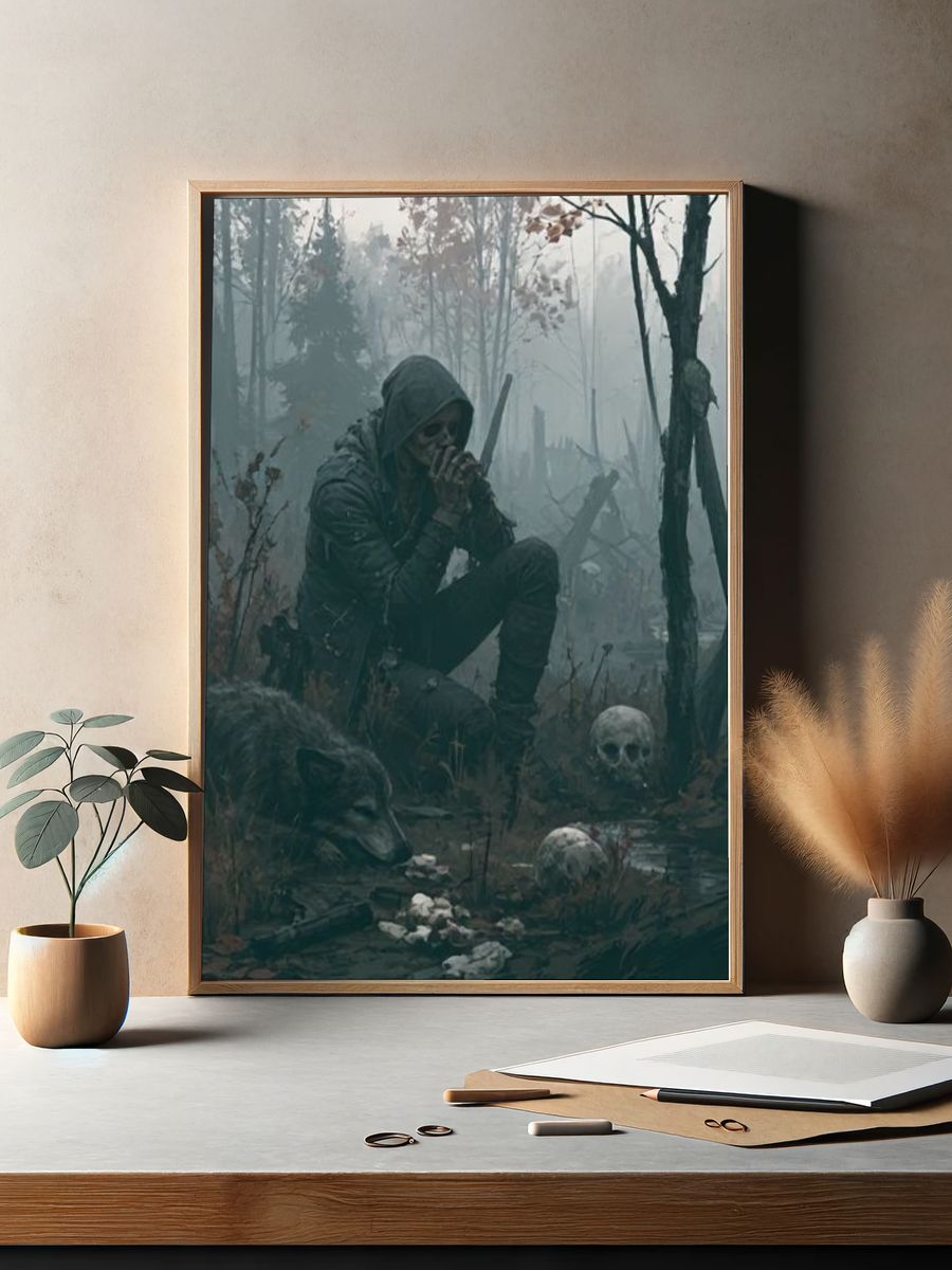 Hooded Figure in Foggy Forest Poster. — room view 2