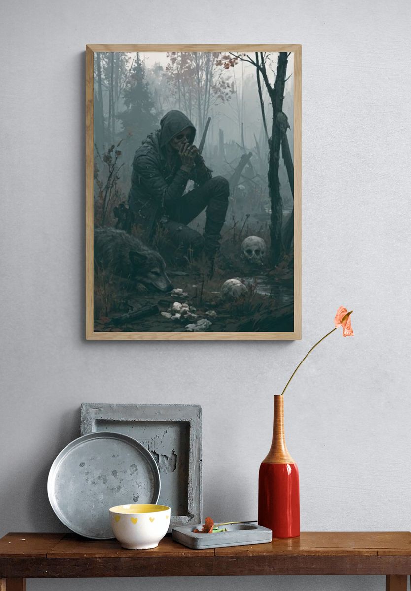 Hooded Figure in Foggy Forest Poster. — room view 3