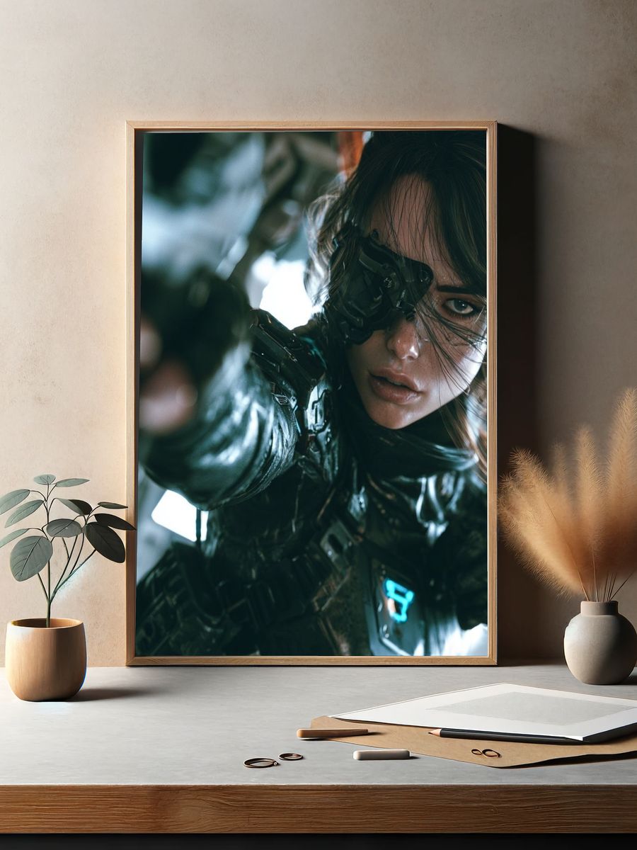 Cyberpunk Female Warrior Portrait Print. — room view 2