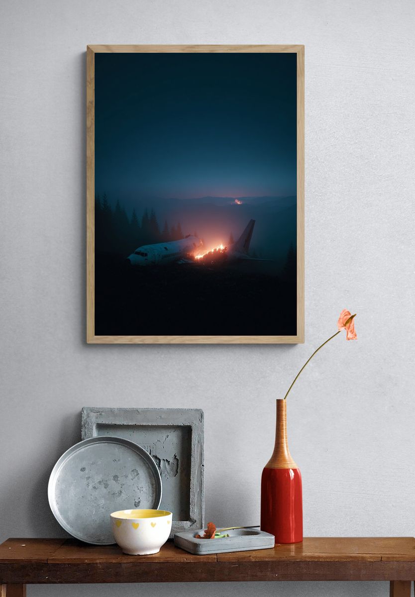 Burning Plane Crash Scene Poster. — room view 3