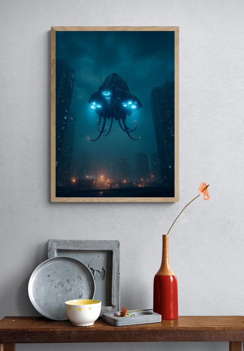 Alien Drone Cityscape Sci-Fi Poster. — room view 3