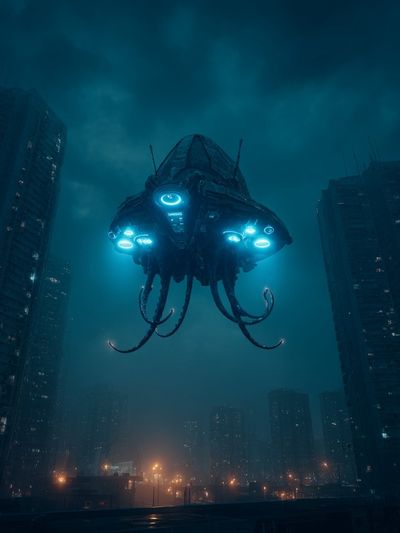 Alien Drone Cityscape Sci-Fi Poster