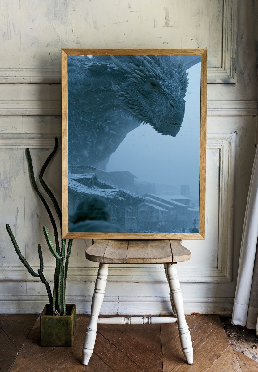 Ice Dragon Over Winter Village Poster. room preview