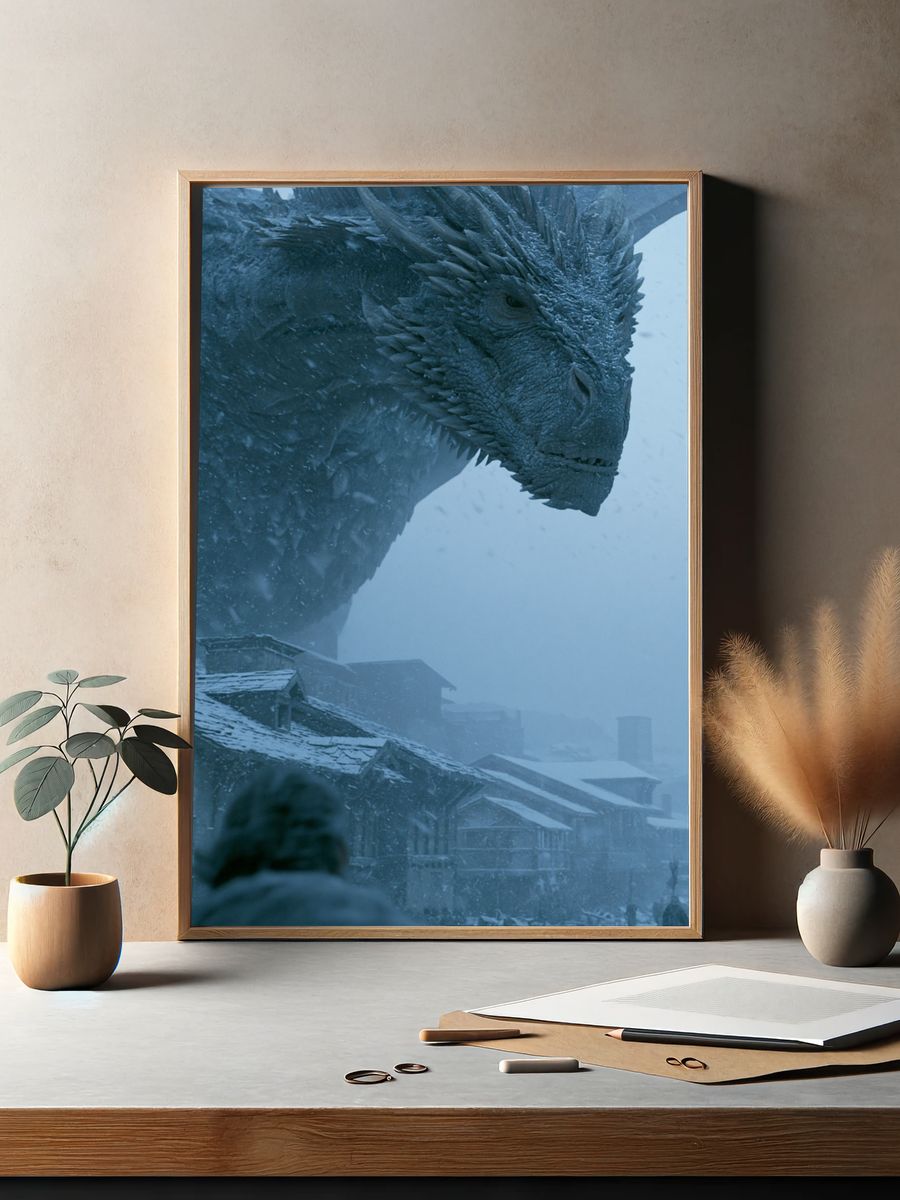 Ice Dragon Over Winter Village Poster. — room view 2